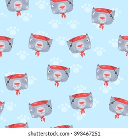 crazy face cat. mustache. serious look. funny blue animals pattern