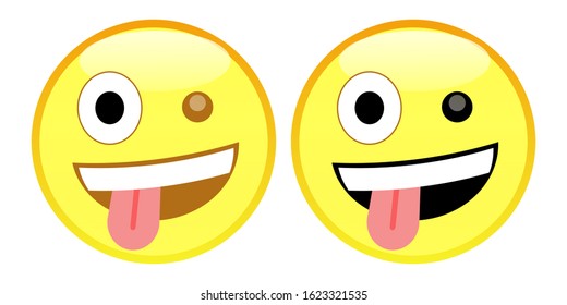 Crazy Face emoji or Emoji Zany Face. A smiley making a silly face. A yellow face with a big grin and wide, white eyes, one larger than the other and in a wild, cockeyed expression.