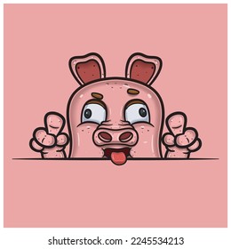 Crazy Face Expression With Pig Cartoon. Vector and Illustration