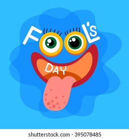 Crazy Face Show Tongue First April Fool Day Happy Holiday Flat Vector Illustration