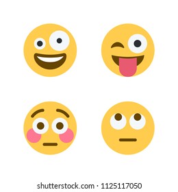 Crazy Face, Stuck-Out Tongue and Winking Eye, Rolling Eyes, Astonished, Flushed Face. Vector illustration smiley emojis, emoticons symbols, icons, faces set, group.