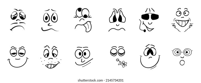 Crazy faces vector st in line art style. Emoticon, avatar, caricature symbols. Faces, eyes, grimaces, hand drawn with a marker. Happy and sad emotions.