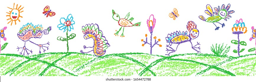 Crazy fantastic doodle birds animal or insect set on flower meadow. Seamless border background. Crayon like kids hand drawn funny flying monster vivid plant. Vector pastel chalk or pencil art border