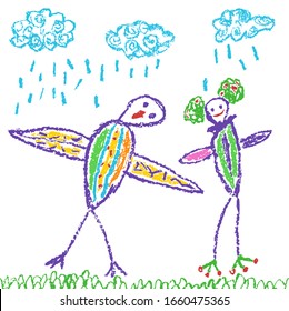 Crazy fantastic doodle birds animal on meadow under rain. Crayon like kids hand drawn colorful funny flying vivid monster. Vector pastel chalk or pencil art with childlike artistic stroke
