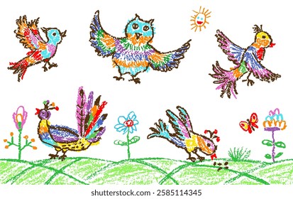 Crazy fantastic doodle birds set. Flower summer meadow. Crayon like kid`s hand drawn colorful bright funny flying characters. Vector pastel chalk or pencil childlike cartoon art. Owl, peacock, lark