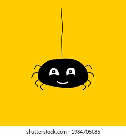 Crazy fat tarantula hanging on spider web. Hand drawn cartoon illustration on yellow background. Vector comic doodle.