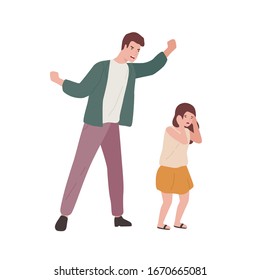 Crazy father screaming to little fear daughter vector flat illustration. Innocent baby girl victim of domestic violence of angry dad isolated on white background. Parents and children relationship