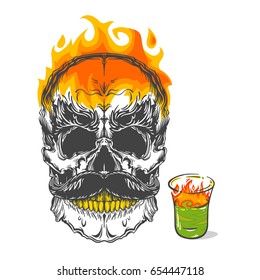 Crazy fire skull, fire drinking glass, alcohol, shots, green alcohol, vector illustration isolated on white background