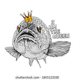 Crazy fish in the gold crown. Humor card, t-shirt composition, hand drawn style print. Vector illustration.