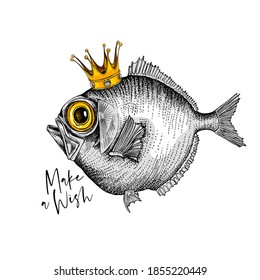 Crazy fish in the gold crown. Humor card, t-shirt composition, hand drawn style print. Vector illustration.