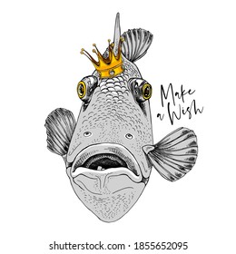 Pescado loco en la corona de oro. Tarjeta de humor, composición de camisetas, impresión a mano. Ilustración vectorial.