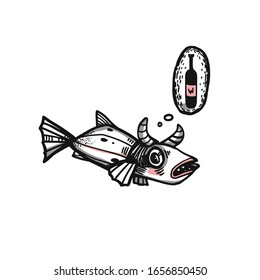 Peces locos con cuernos. Pescado pensando en el vino. Ilustración del doodle, pegatina.
