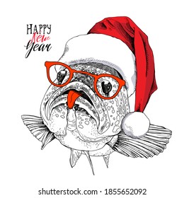 Crazy fish in the red Santa's hat and  in the glasses. Merry Christmas and New year card, Humor composition, hand drawn style print. Vector illustration.