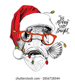 Crazy Fish In The Red Santa's Hat, In The Glasses And With The Light. Merry Christmas And New Year Card, Humor Composition, Hand Drawn Style Print. Vector Illustration.