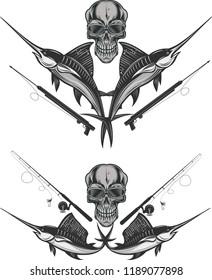 Crazy fishing. Skeleton fisherman catching marlin and tuna