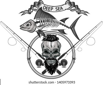 Crazy fishing. Skeleton fisherman catching marlin and tuna