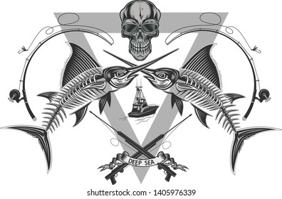 Crazy fishing. Skeleton fisherman catching marlin and tuna