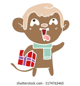 crazy flat color style cartoon monkey with christmas present
