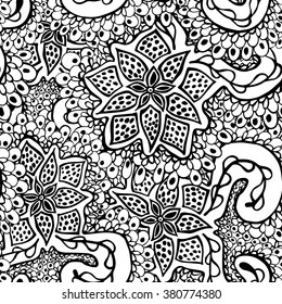 Crazy flower seamless pattern. Vector illustration. Black background.