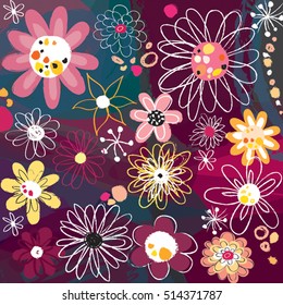 crazy free hand drawing of beautiful flowers watercolor like background bohemian lovely warm colorss print vector illustration