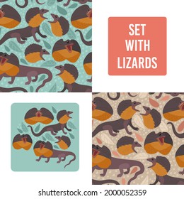 Crazy frilled lizard print and patterns. fauna colorful lizard set. Funny lacertians heads. Exotic animal. Zoo art design. Hand drawn animals. Orange head. Roar patterns set.