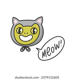 Crazy Frog in a cat's hat with the inscription meow in the bubble. Funny animal face. Cartoon vector illustration on white background.