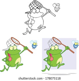 Crazy Frog Chasing A Fly Cartoon Character. Set Vector Collection