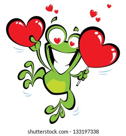 Crazy frog jumping excited, holding two big hearts and having hearts instead of eyes