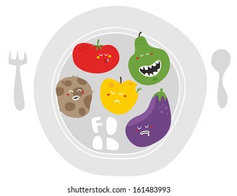 Crazy fruits and vegetables on the plate. Vector illustration.