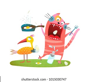 Crazy Fun Cat Eating Eggs of Bird. Cat and birdie feeding illustration. Vector illustration.