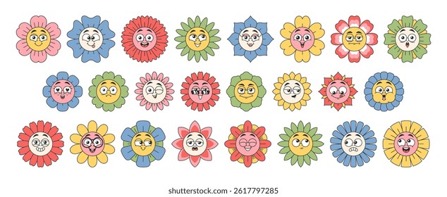 Louco funky doodle daisy flor enfrenta personagens camomila coloridos com diferentes emoções definido