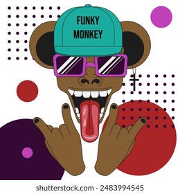 Crazy Funky monkey on trendy Geometric background. Modern abstract vector aesthetic isolated transparent. Vector illustration can used t-shirt print, zoo poster template. Editable stroke. EPS 10