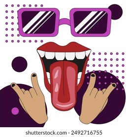 Crazy Funky pop art design on trendy geometric background. Rave party flyer concept. Punk trippy vector illustration can used t-shirt print. EPS 10