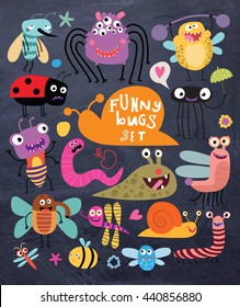 crazy and funny beetles on a dark background set