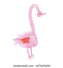 Crazy funny bird looking front and stay in pink and red colors in dudles hand drawn style. 