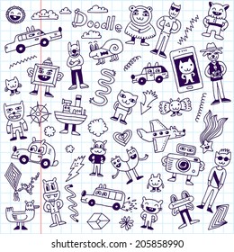 Crazy funny colorful doodles set. Hand drawn vector illustration. School notebook.