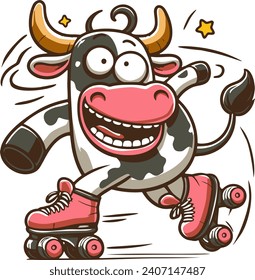 crazy funny cow roller skating vector drawing in illustrator