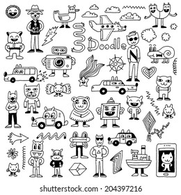 Crazy funny doodles set. Hand drawn vector illustration.