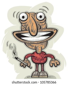 Crazy funny drunk guy with wide smile standing with a cigarette in his hand
