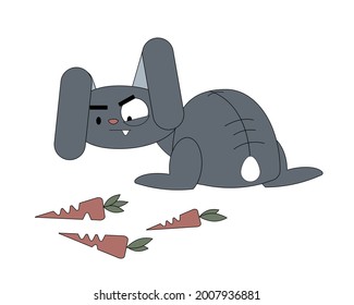 Crazy funny grey rabbit with big teeth and rarrot