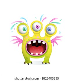 Crazy funny monster creature for kids with three eyes and wings, screaming mouth wide open with teeth. Vector 3d style cartoon for children.