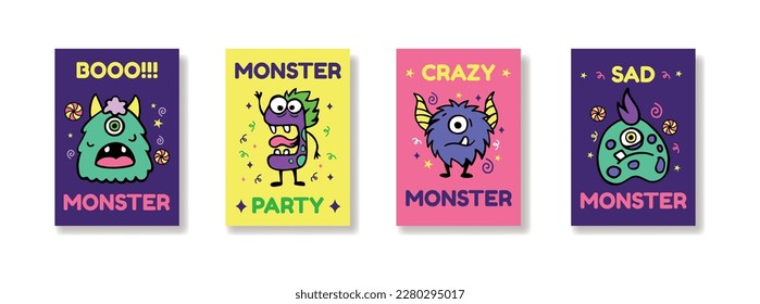 Crazy funny monsters, cute posters. Boy or girl prints, graphic quotes, cool creative stickers with slogan, urban apparel, scary horn toys, halloween mutants. Vector tidy tiny cartoon set