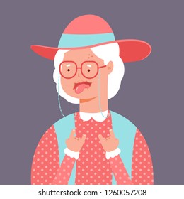 Crazy And Funny Old Lady. Vector Cartoon Elderly Woman Character Isolated On Background.