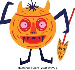 Crazy funny pumpkin with a spear. Cute bizarre comic Halloween characters in modern flat hand drawn style