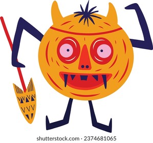 Crazy funny pumpkin with a spear. Cute bizarre comic Halloween characters in modern flat hand drawn style
