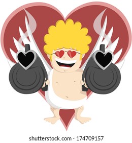 Crazy, funny and smiling Cupid character is aiming with two smoking machine-guns in sunglasses.