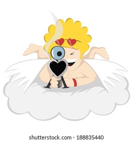 Crazy, funny and smiling Cupid character is aiming with a scoped rifle at the victim lying on a cloud legs up.