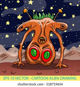 Crazy funny, whacky alien type illustration in space. Original hand draw illustration and background sure to delight kids of all ages.