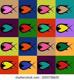 Crazy gang of fish seamless pattern background Predator piranha symbol emblem Abstract colorful pop vintage design Cartoon children's style Fashion print clothes apparel greeting invitation card cover