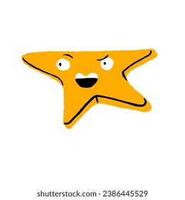 Crazy geometry character with excited smile on funny face. Geometric shape, abstract star emoji. Mad, happy figure, form. Childish education doodle sticker. Flat isolated vector illustration on white